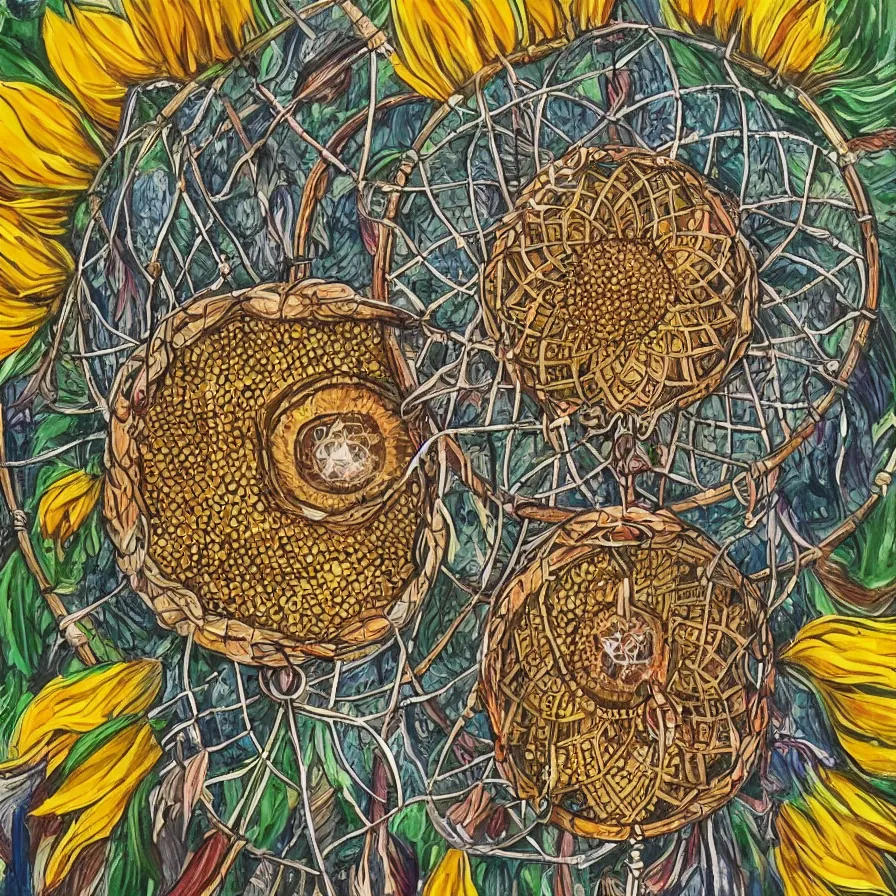 Image similar to Artwork about a magnificent sunflower within a tribal dreamcatcher that contains a huge treehouse