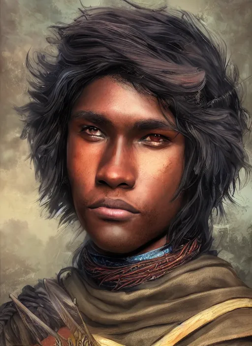 Image similar to An epic fantasy comic book style portrait painting of a young dark skinned long haired boy in peasant clothes with intelligent eyes in the style of the wheel of time, unreal 5, DAZ, hyperrealistic, octane render, cosplay, RPG portrait, dynamic lighting