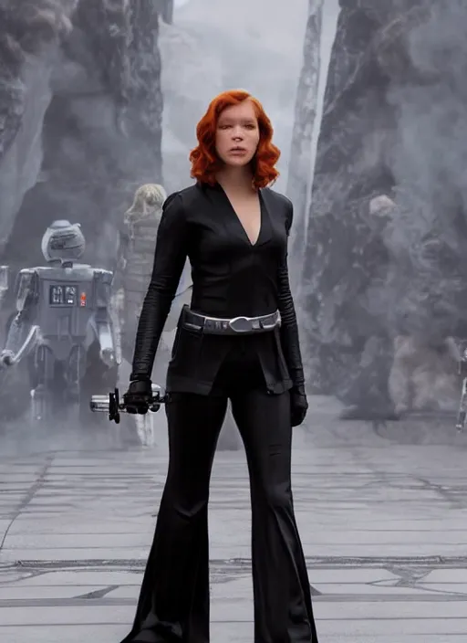 Image similar to lea seydoux portraying a beautiful mara jade from star wars legends, in a black suit, without lightsaber, movie, hyper realistic, hollywood promotional image, imax, 8 k