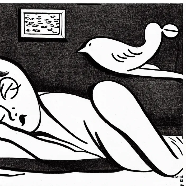 Image similar to a still frame from comic strip, sleeping bird, 1 9 5 0, herluf bidstrup, new yorker illustration, monochrome bw, lineart, manga, tadanori yokoo, simplified,