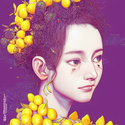 Image similar to the portrait of an absurdly beautiful, graceful, elegant, sophisticated, young teen girl made up of lemons looking up, an ultrafine hyperdetailed illustration by kim jung gi, irakli nadar, intricate linework, bright colors, octopath traveler, final fantasy, unreal engine 5 highly rendered, global illumination, radiant light, detailed and intricate environment