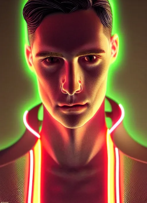 Image similar to a highly detailed long shot photo of masculin male face portrait, futurism, rococo cyber neon lighting, detailed futuristic fibonacci jewelry, profile posing, hyper photorealistic, crispy quality, digital photography, trending in pinterest, cinematic, 4 k ultra hd, art by pascal blanche, art by greg rutkowski, art by artgerm,