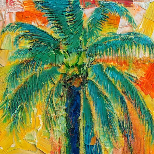 Image similar to oil paint impasto relief, painting of a palm tree in italy, multi layered thick brush marks, some splattered paint, in the style of monet and frank auerbach