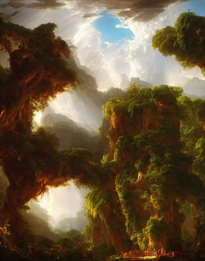 Prompt: an ancient temple lost in a gigantic forest by thomas cole, painting, epic clouds formation, cinematography, epic lighting,