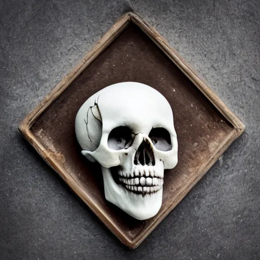 Prompt: skull on a table, EOS-1D, f/1.4, ISO 200, 1/160s, 8K, RAW, unedited, symmetrical balance, in-frame