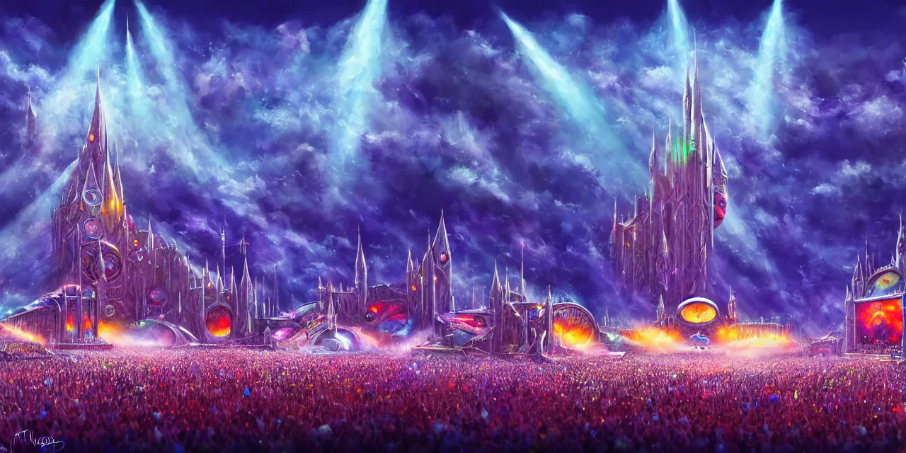 Image similar to tomorrowland, hyper - realistic illustration of a knight, in a sci - fi music festival, digital painting, sharp focus