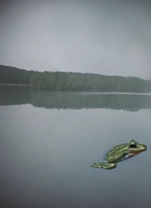 Image similar to semitranslucent smiling frog amphibian floating upside down over misty lake in Jesus Christ pose, cinematic shot by Andrei Tarkovsky, paranormal, spiritual, mystical