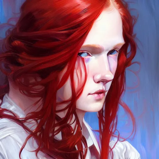 Image similar to portrait of teenage girl with long glossy red hair, blue eyes, fashion model features, fantasy, intricate, elegant, dress shirt and tie, highly detailed, digital painting, artstation, concept art, smooth, sharp focus, illustration, art by Krenz Cushart and Artem Demura and alphonse mucha