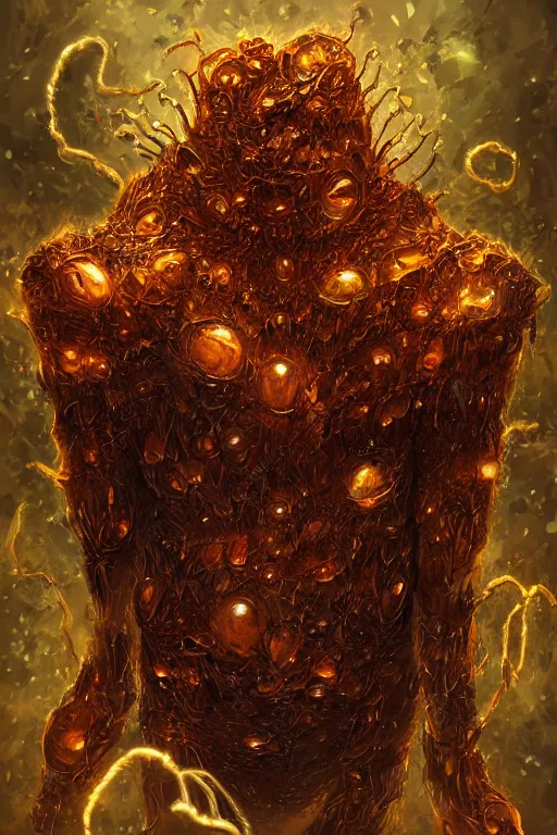 Prompt: a humanoid monster encased in a clump of amber, symmetrical, highly detailed, digital art, sharp focus, trending on art station