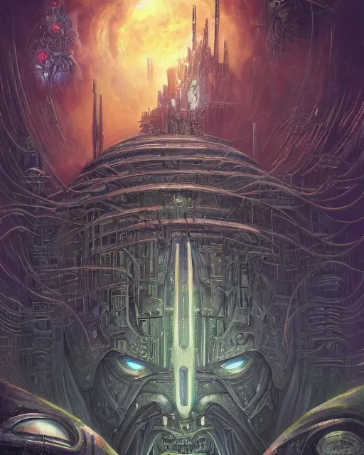 Image similar to dr. doom in a scifi city, by antonio j. manzanedo, giger, alex grey, android jones, wayne barlowe, philippe druillet, raymond swanland, cyril rolando, josephine wall, harumi hironaka, trending on artstation