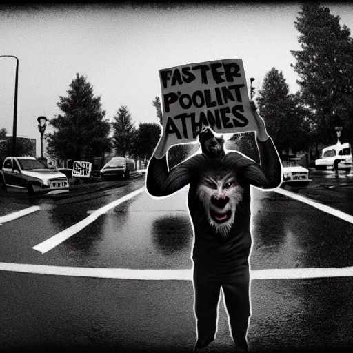 Prompt: a werewolf holding a protest sign outside a planned parenthood in the rain, photograph, fish eye lens, hyperrealism, unreal engine, artstation, 4k