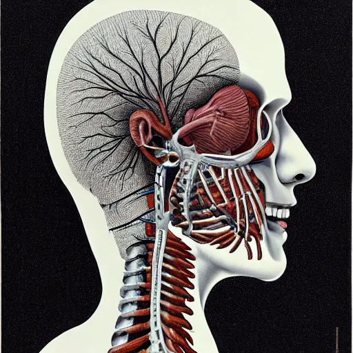 Image similar to surreal lung head anatomical atlas dissection center cut, lithography on paper conceptual figurative ( post - morden ) monumental dynamic soft shadow portrait drawn by hogarth and escher, inspired by goya, illusion surreal art, highly conceptual figurative art, intricate detailed illustration, controversial poster art, polish poster art, geometrical drawings, no blur