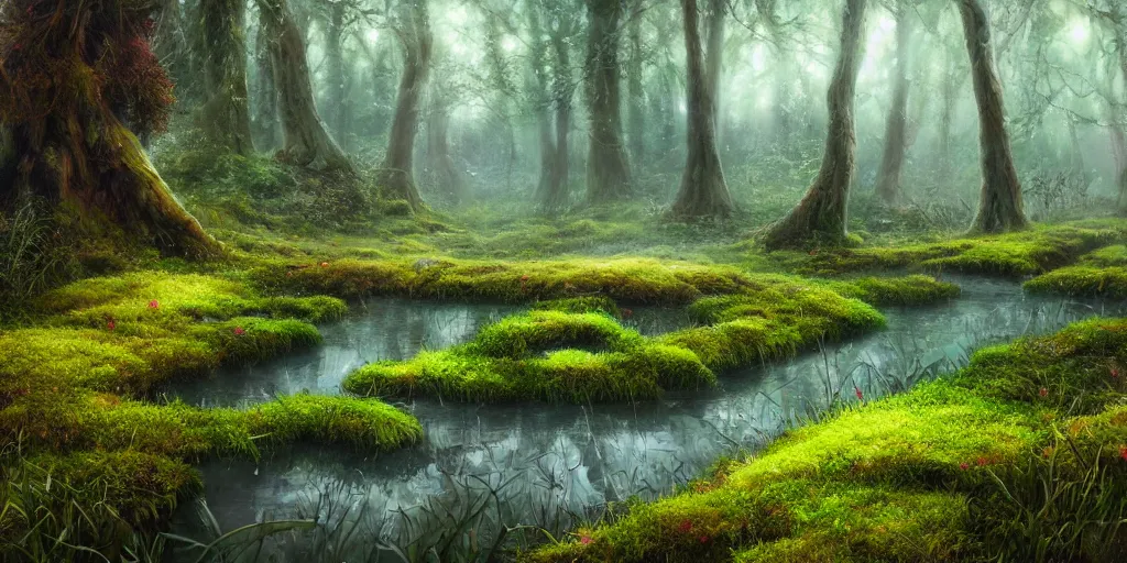 Image similar to gorgeous fields of moss landscape with glistening water, magical forest, brightly colored, magical, fantasy, landscape, beautiful, intricate details, highly detailed, sharp focus, concept art, digital painting, trending on artstation, still, screenshot, photo, photograph