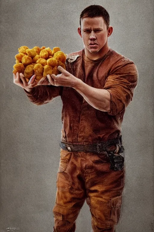 Image similar to channing tatum wearing a tater tot costume, oil on canvas, intricate, 8 k highly professionally detailed, hdr, cgsociety