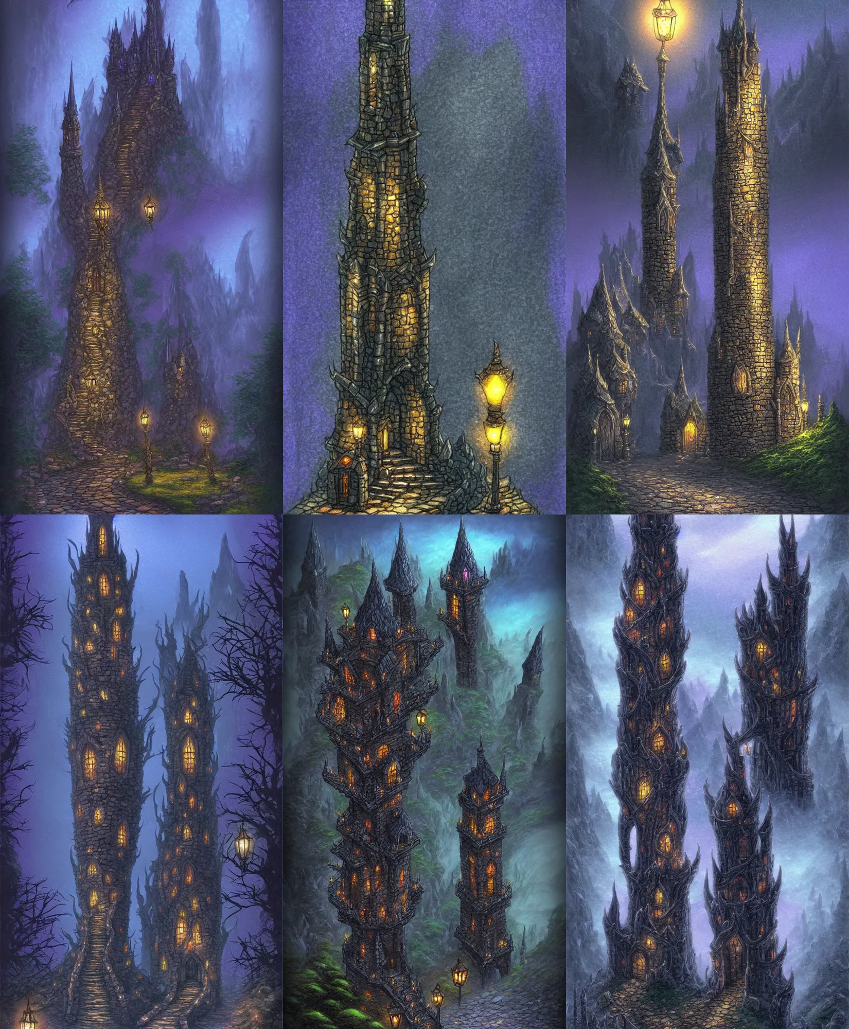 Prompt: dark elven wizard tower in the underdark, cobble stone paths, lamp posts, in the style of thomas kinkade