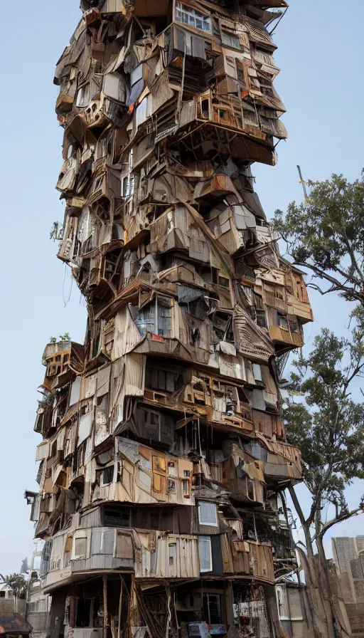 Image similar to tall cardboard house made of junk, multiple floors over hanging one another, unorganized architecture, intricate detail