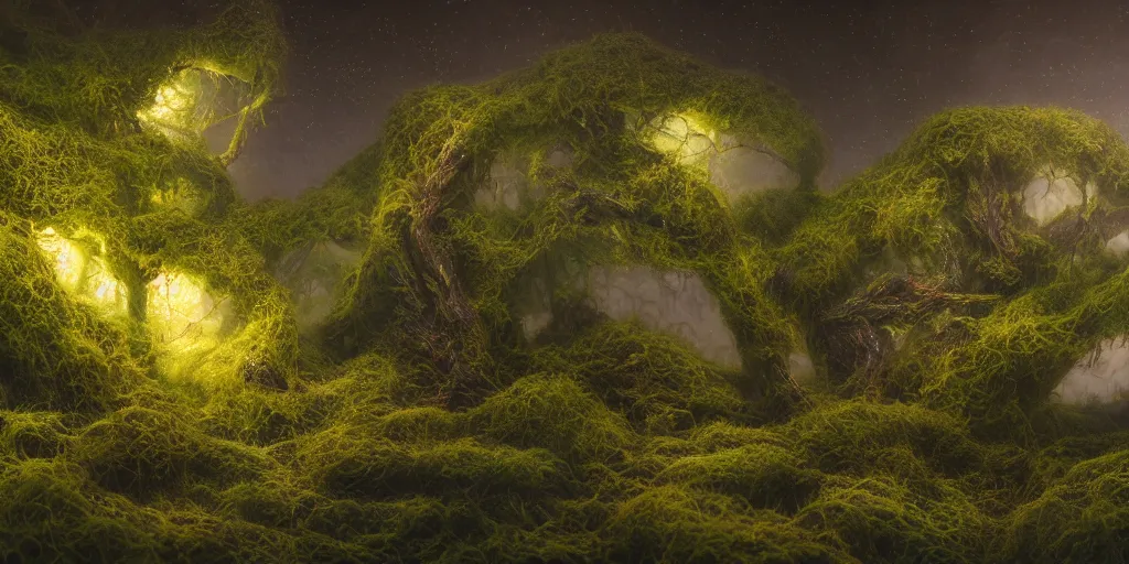 Image similar to a beautiful macro photography of moss with alien fungus, hyperdetailed, warm volumetric lights , made by Gerald Brom and Mike Winkelmann