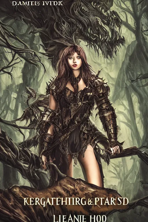 Image similar to dramatic dark forest scenery, girl with fangs in hide leather armor, D&D book-cover without text