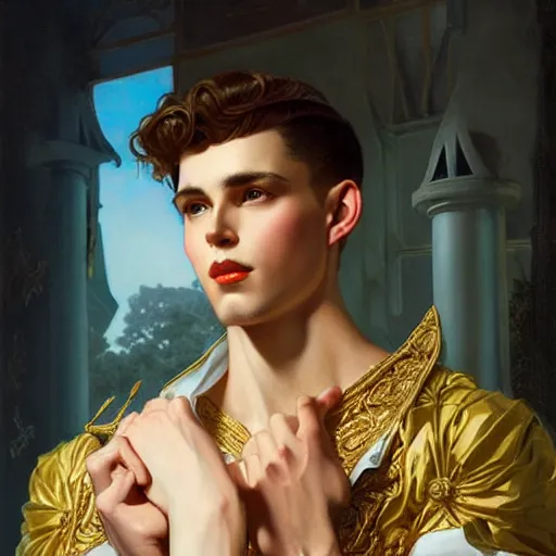 Image similar to attractive fully clothed king confesses his love for his attractive fully clothed male prince. highly detailed painting by j. c. leyendecker, tom bagshaw,