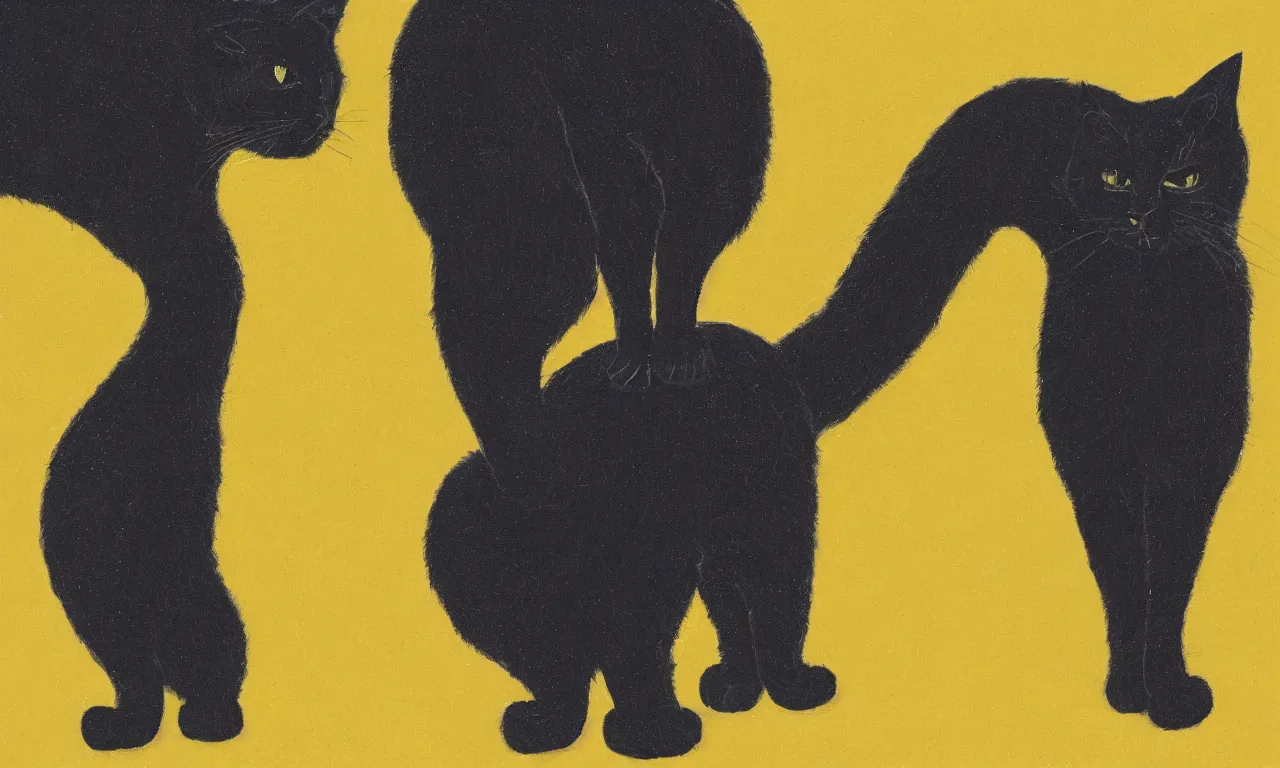 Prompt: a big black cat wearing a yellow raincoat, cat is standing on his back feet
