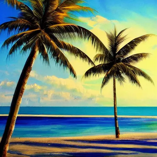 Prompt: A beautiful award winning painting of a tropical beach with palm trees and blue ocean, trending on artstation