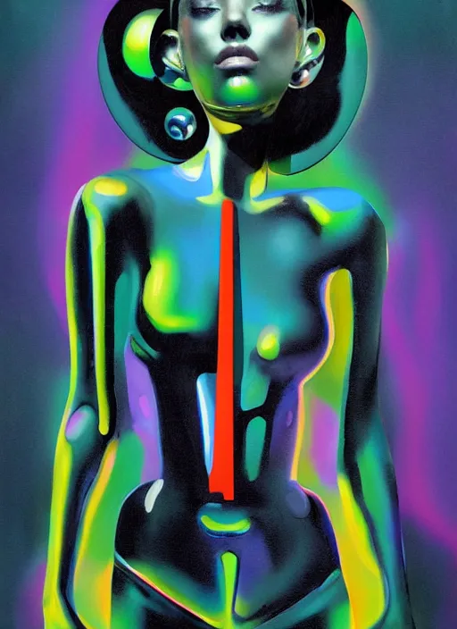 Image similar to futuristic lasers tracing, colorsmoke, fullbodysuit, pyramid hoodvisor, raindrops, wet, oiled, beautiful cyborg girl, by steven meisel, kaws, rolf armstrong, mondrian, kandinsky, perfect geometry abstract acrylic, octane hyperrealism photorealistic airbrush collage painting, monochrome, fluorescent colors, minimalist rule of thirds, eighties eros