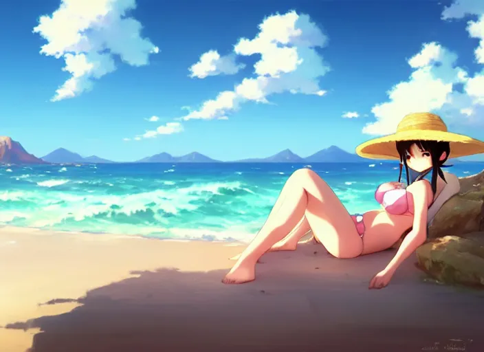Prompt: a cute girl in a bikini and sunhat sitting on a towel on the beach, rocky mountains far in the distance, fluffy clouds on the horizon, by makoto shinkai an krenz cushart
