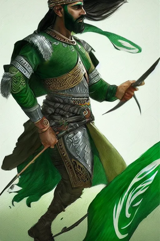 Image similar to arabian warrior, with green turf and flag, realistic, sketch and art by jacqueline e, color by bo feng lin