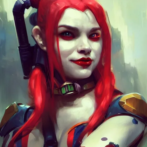 Image similar to portrait of cute Harley Quinn in bikini armor, dc comics, cyberpunk, Warhammer 40000, dark fantasy, digital art from artstation by Ruan Jia and Mandy Jurgens and Artgerm and william-adolphe bouguereau