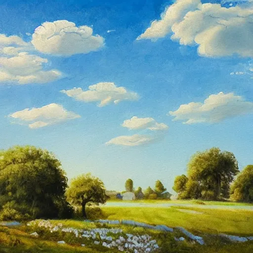 Image similar to This painting shows a beautiful summer's day. The blue sky is adorned with a scattering of fluffy white clouds. The scene is painted against a green background, and the hazy light of the sun has cast a rosy glow over everything.