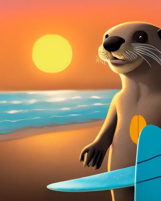 Image similar to a beautiful portrait of a cute anthropomorphic grey otter fursona furry on the beach wearing a wetsuit holding a surfboard, turquoise hair orange nose, smiling, sunset, volumetric light, detailed, by cory loftis, photorealistic, 4 k, hdr, artstation, deviantart, digital illustriation