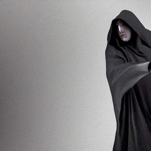 Prompt: a figure shrouded in a dark cloak holds out one hand with a large handgun, photorealistic, sharp details, 4 k, fantasy