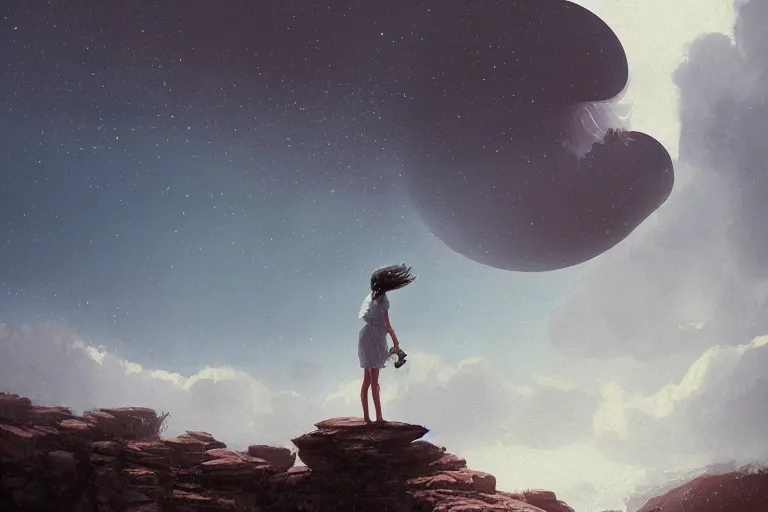 Image similar to giant white daisy flowers head, girl standing on cliff, surreal photography, solar eclipse, milky way, dramatic light, impressionist painting, clouds, digital painting, artstation, james gilleard, liam wong, jeremy mann, simon stalenhag