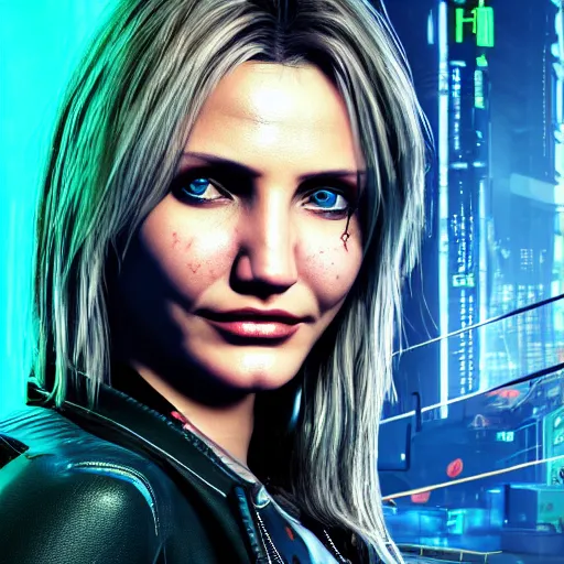 Prompt: cameron diaz portrait, Cyberpunk 2077, cyberpsycho, photorealistic, ultra detailed, neon, octane, bokeh, cyber, cyberpunk city, feature, scars, cyberface, 8k