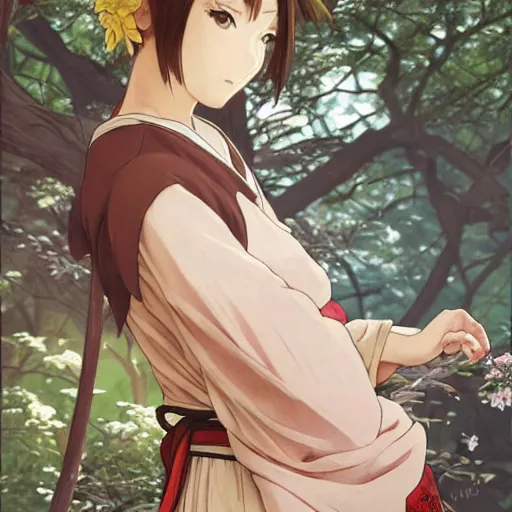 Image similar to anime style, female merchant, yukata clothing, sakura tree in background, brown short hair, hair down, symmetrical facial features, from arknights, hyper realistic, rule of thirds, extreme detail, 4 k drawing, safebooru, realistic lighting, by alphonse mucha, greg rutkowski, sharp focus, backlit