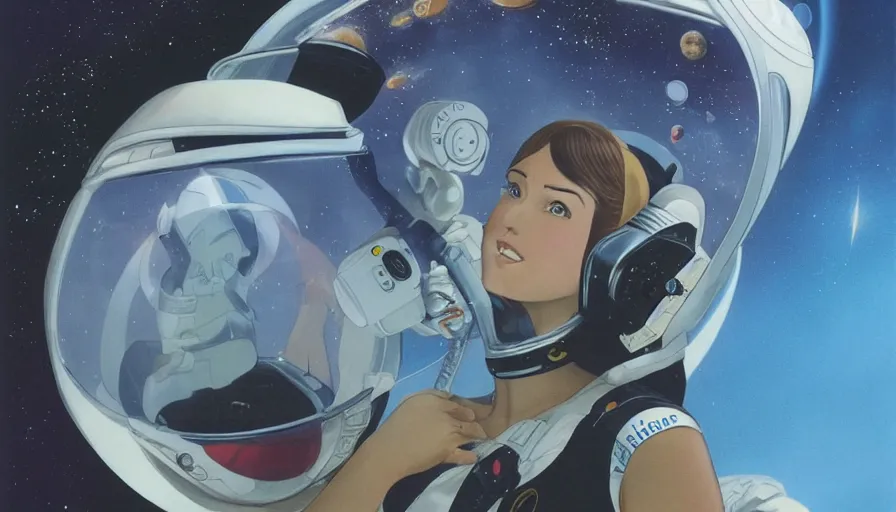 Prompt: a portrait of a female astronaut floating in a scenic space environment by jim burns in the style of yoko tsuno