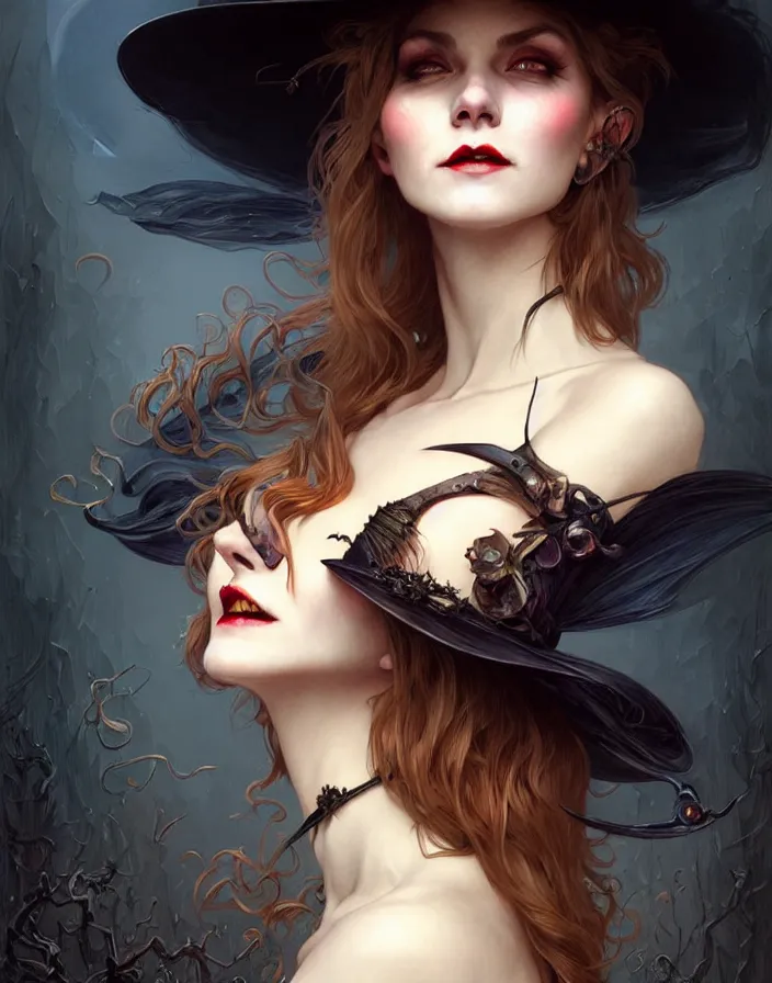 Image similar to halloween witch woman in a hat smiles, fantasy magic, undercut hairstyle, dark light night, intricate, elegant, sharp focus, illustration, highly detailed, digital painting, concept art, matte, art by wlop and artgerm and greg rutkowski and alphonse mucha, masterpiece