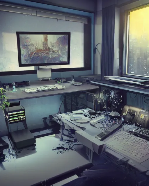 Image similar to artstation scifi scene of a complex computer workstation in a small studio apartment room, many monitors, many electronics, a sunset window view, a floor plant, very detailed, maximalism, ambient occlusion, volumetric light, atmospheric haze, unreal engine, hyper realism, realistic shading, cinematic composition, realistic render, octane render, detailed textures, photorealistic, wide shot
