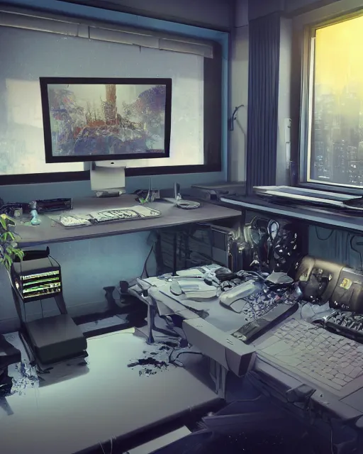 Prompt: artstation scifi scene of a complex computer workstation in a small studio apartment room, many monitors, many electronics, a sunset window view, a floor plant, very detailed, maximalism, ambient occlusion, volumetric light, atmospheric haze, unreal engine, hyper realism, realistic shading, cinematic composition, realistic render, octane render, detailed textures, photorealistic, wide shot