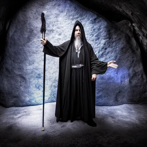 Prompt: a wizard, with a magic staff in his hands and a blue cape around him, inside a cave, he tries to cast a magic spell, but he failed and he frustrated. the background is inside the cave, black and white, mystic, fantasy, magic, award winning photography, hdr, studio lighting medium close shot, mucha style,