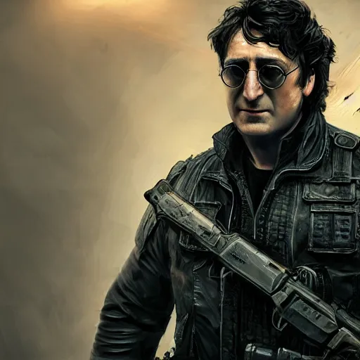 Image similar to john lennon as frank castle the punisher, guns, ultra realistic, concept art, intricate details, highly detailed, photorealistic, dark, octane render, 8 k, unreal engine, art by frank frazetta, simon bisley, brom