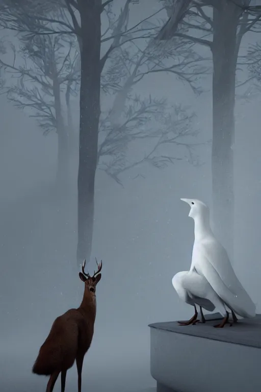 Prompt: a deer wearing a white formal coat conversing with a crow wearing a red formal coat, hyperrealistic, concept art, octane render, unreal engine 5, trending on DeviantArt, highly detailed, high quality, 8K, soft lighting, cute, natural lighting, realistic face, trending on Artstation, elegant clothes, profile picture, path traced, house background