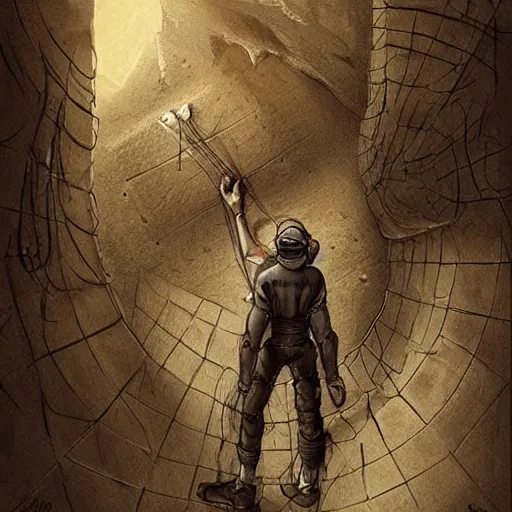 Image similar to the man stuck in the wall, creepy explorer sketch, godlike design, concept art, beyond the void, grand scale, intricate detailed