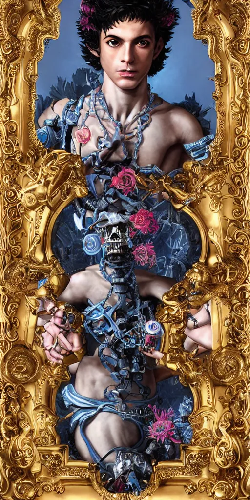 Image similar to full-body rococo and cyberpunk style sculpture of a young seductive Latino prince half android with a chest exposing circuitry, glowing pink seductive laser eyes, crown of blue gears and diamonds, swirling salmon-colored silk fabric, robotic raptors dinosaurs. baroque elements. full-length view. intricate artwork by caravaggio. art by Artgerm and Greg Rutkowski and Alphonse Mucha, Trending on artstation, cinematic industrial lighting, hyper realism, octane render, 8k, depth of field, 3D