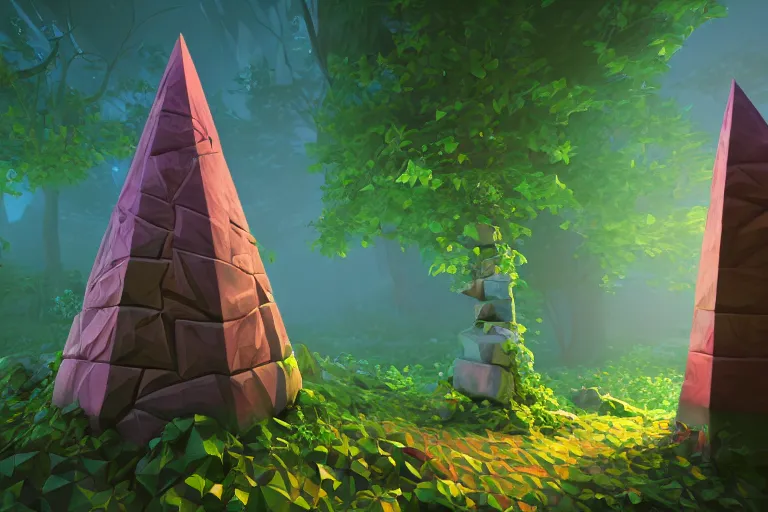 Prompt: super detailed color lowpoly art, overgrown mystical forest meadow, ancient stone obelisk with subtle glowing runes, thick vines wrapping around, unreal engine, retrowave color palette, 3 d render, lowpoly, colorful, digital art, perspective