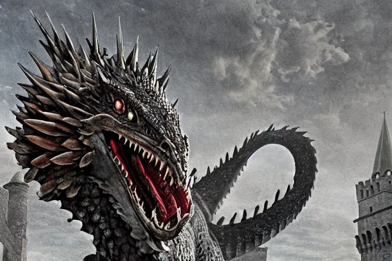 Image similar to Historical photo of Dragon from Game of Thrones in Russian Kremlin, photorealism