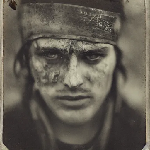 Image similar to A wet-collodion styled portrait of a disheveled solider coming back from battle looking defeated, staring straight into the camera. Depth of field, smokey background, high contrast, extremely detailed.