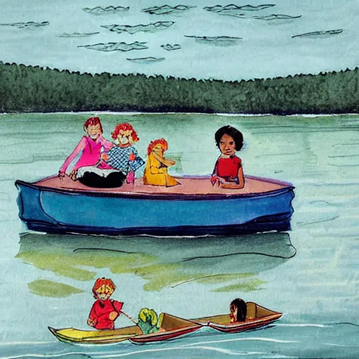 Image similar to The drawing depicts a group of well-dressed women and children enjoying a leisurely boat ride on a calm day. The women are chatting and laughing while the children play with a toy boat in the foreground. by Dustin Nguyen, by William Wray delicate