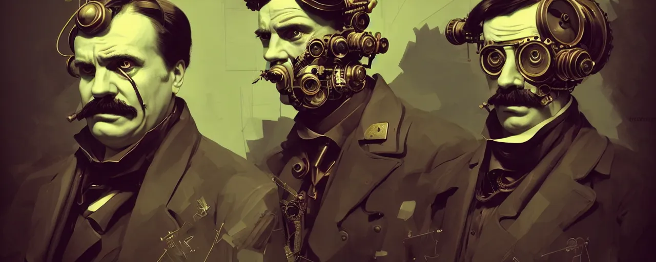 Image similar to duotone dark concept illustration 3 / 4 portrait of friedrich nietzsche as retro steampunk cyborg. cinematic volumentric lighting. golden ratio accidental renaissance. by sachin teng and sergey kolesov and ruan jia and heng z. graffiti art, scifi, fantasy, hyper detailed. octane render. concept art. trending on artstation