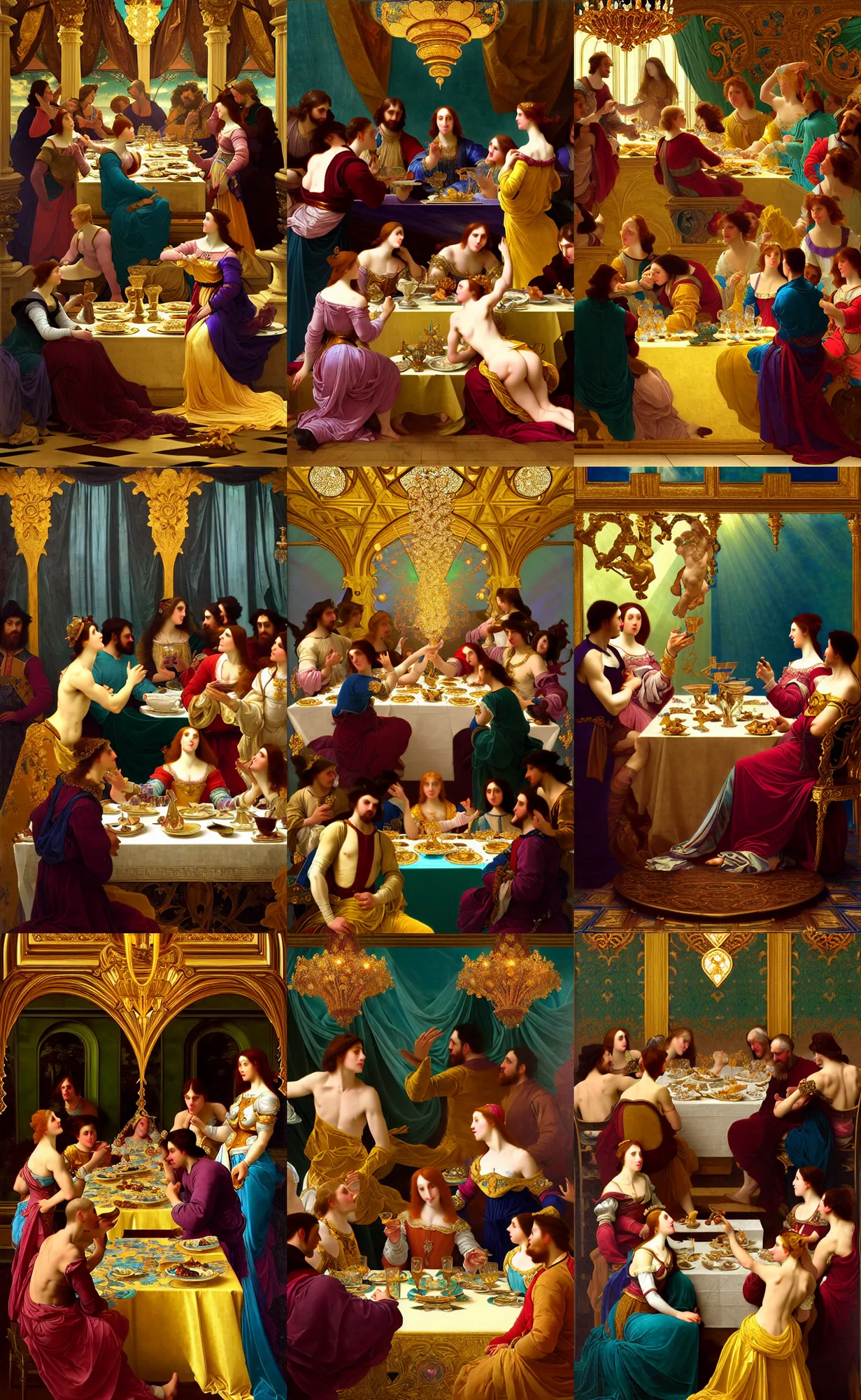 Prompt: renaissance painting of servants serving dinner to royalty, burgundy and teal and gold colors, rococo decor, iridescent and opalescent and golden, twilight, refractive crystal, elegant, ornate jewelry, highly detailed, digital painting, glowing particles, cinematic lighting, god rays, smooth, sharp focus, art by nixeu, by wlop, by alphonse mucha.